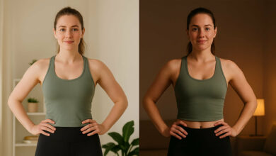 Split-screen comparison of a young woman in athletic wear after a 15-minute workout, shown in the morning with natural daylight in a bright living room and in the evening with warm indoor lighting in a cozy home setting.
