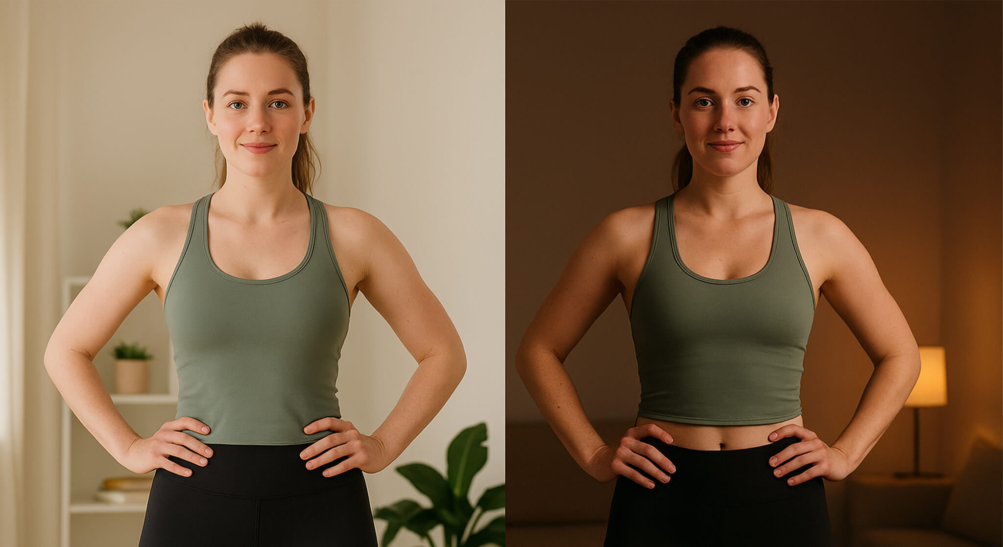 Split-screen comparison of a young woman in athletic wear after a 15-minute workout, shown in the morning with natural daylight in a bright living room and in the evening with warm indoor lighting in a cozy home setting.