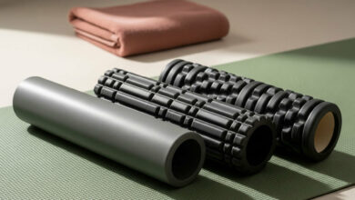 Alt Text: A review of three popular foam rollers in a serene setting, used for releasing tight back and shoulder muscles as part of the ultimate guide to fixing posture and relieving pain.