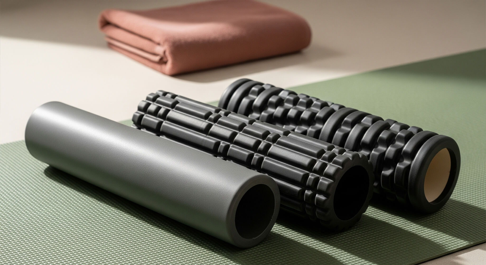 Alt Text: A review of three popular foam rollers in a serene setting, used for releasing tight back and shoulder muscles as part of the ultimate guide to fixing posture and relieving pain.