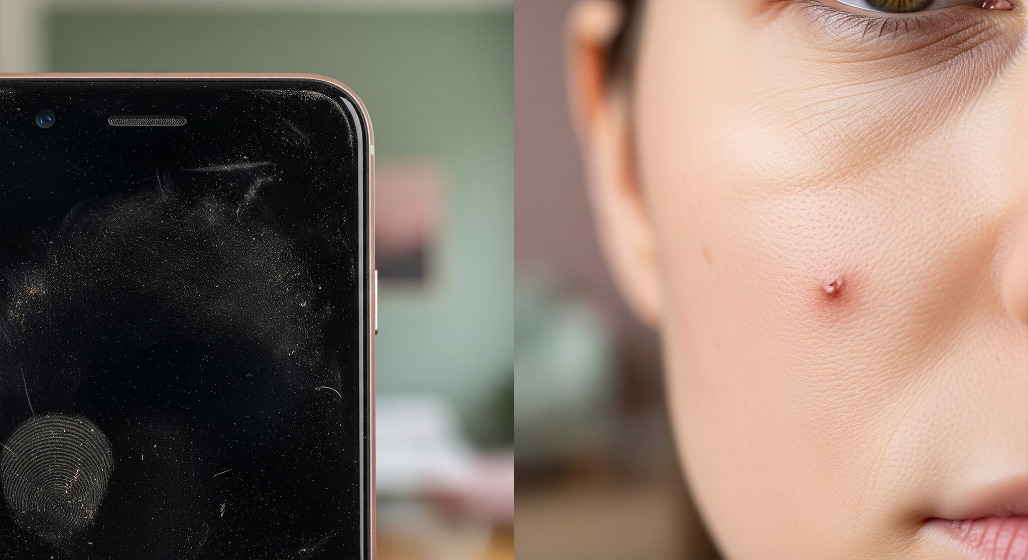 A smartphone with a dirty screen rests against a woman's cheek during a phone call, representing 'Habit #3: Never Cleaning Your Phone Screen.' This image illustrates a 'daily habit secretly damaging your skin' and contributing to 'adult acne
