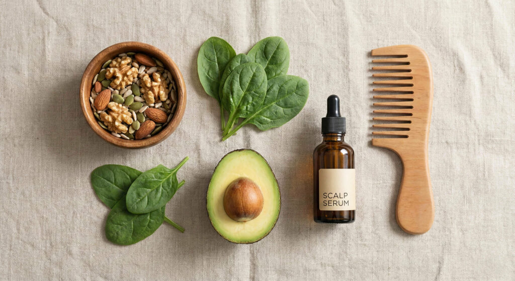 A flatlay of nutrient-rich foods and scalp care items to support hair health during seasonal shedding.
