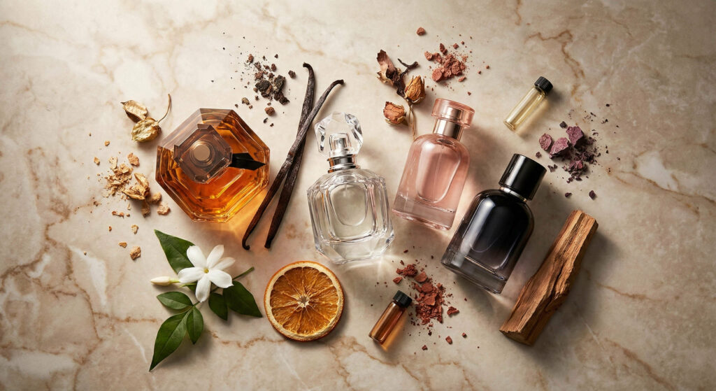 A flatlay of perfume bottles mixed with raw ingredients like vanilla, jasmine, and sandalwood, illustrating a scent palette.