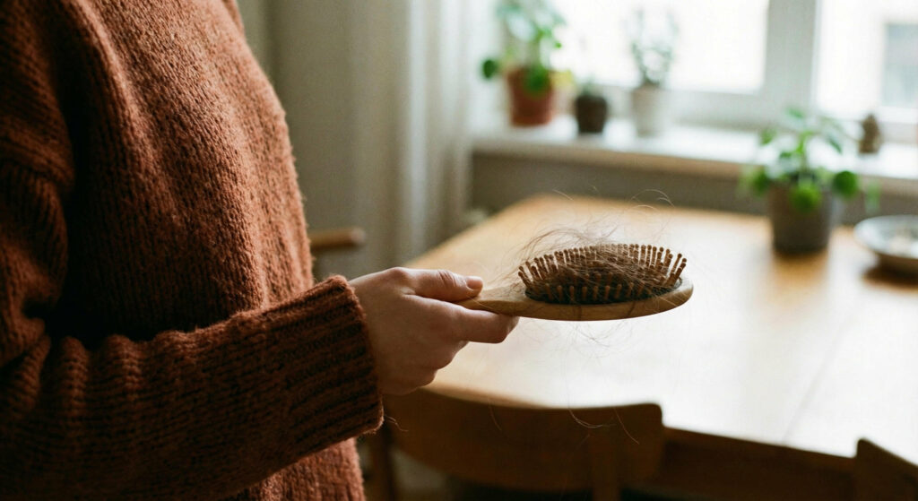 A person in a cozy autumn sweater holding a hairbrush with normal seasonal hair shedding.