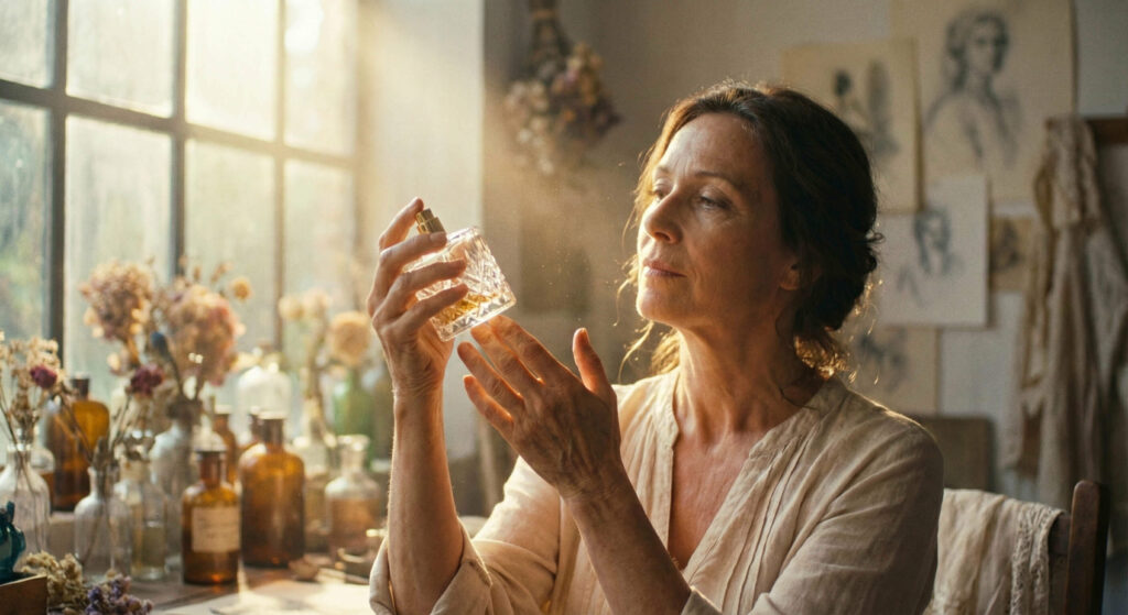 A woman holding a perfume bottle with intention, representing the art of fragrance layering and emotional expression.
