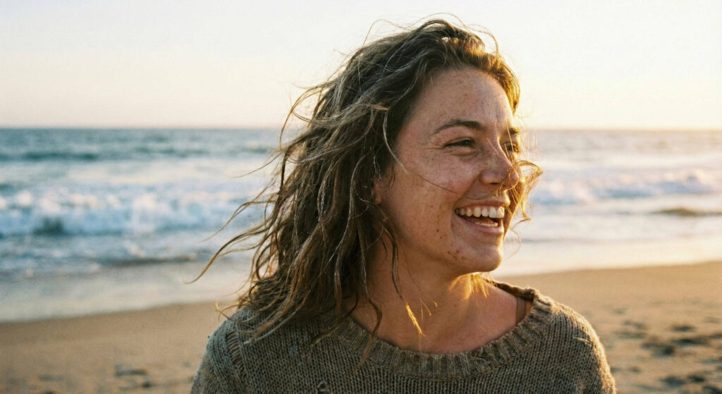 A woman laughing by the ocean at sunset, embracing natural beauty and simplicity.
