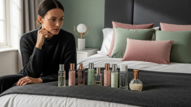 Woman contemplating a collection of unbranded body mists in a chic bedroom with dusty rose, sage green, and charcoal decor, for fragrance and beauty product reviews.