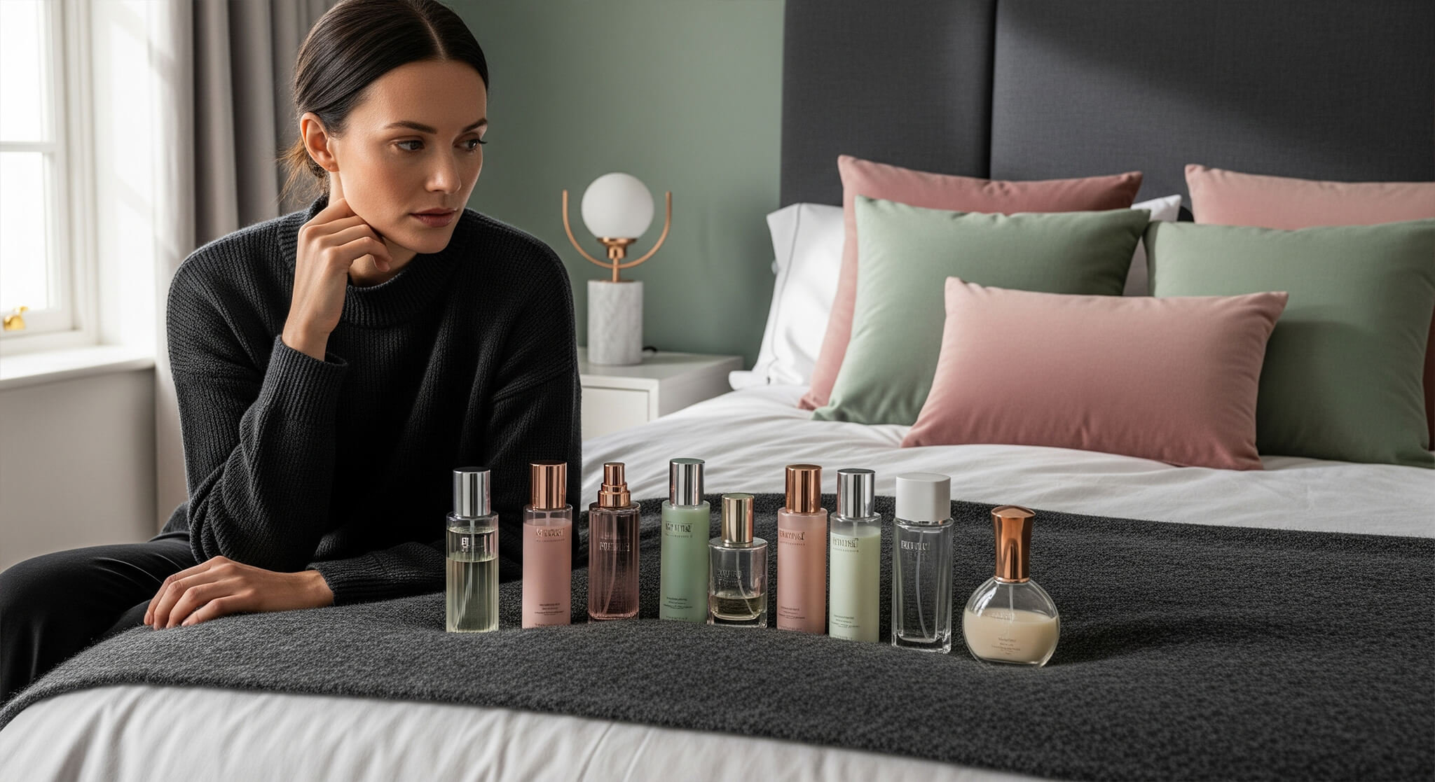 Woman contemplating a collection of unbranded body mists in a chic bedroom with dusty rose, sage green, and charcoal decor, for fragrance and beauty product reviews.