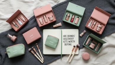 A flat lay photograph of various beauty discovery kits. The kits are in dusty rose and sage green boxes and pouches, arranged on a cream and charcoal textured fabric. In the middle, an open notebook reads, "ARE BRANDS' DISCOVERY KITS WORTH BUYING," surrounded by small makeup brushes and miniature beauty products.