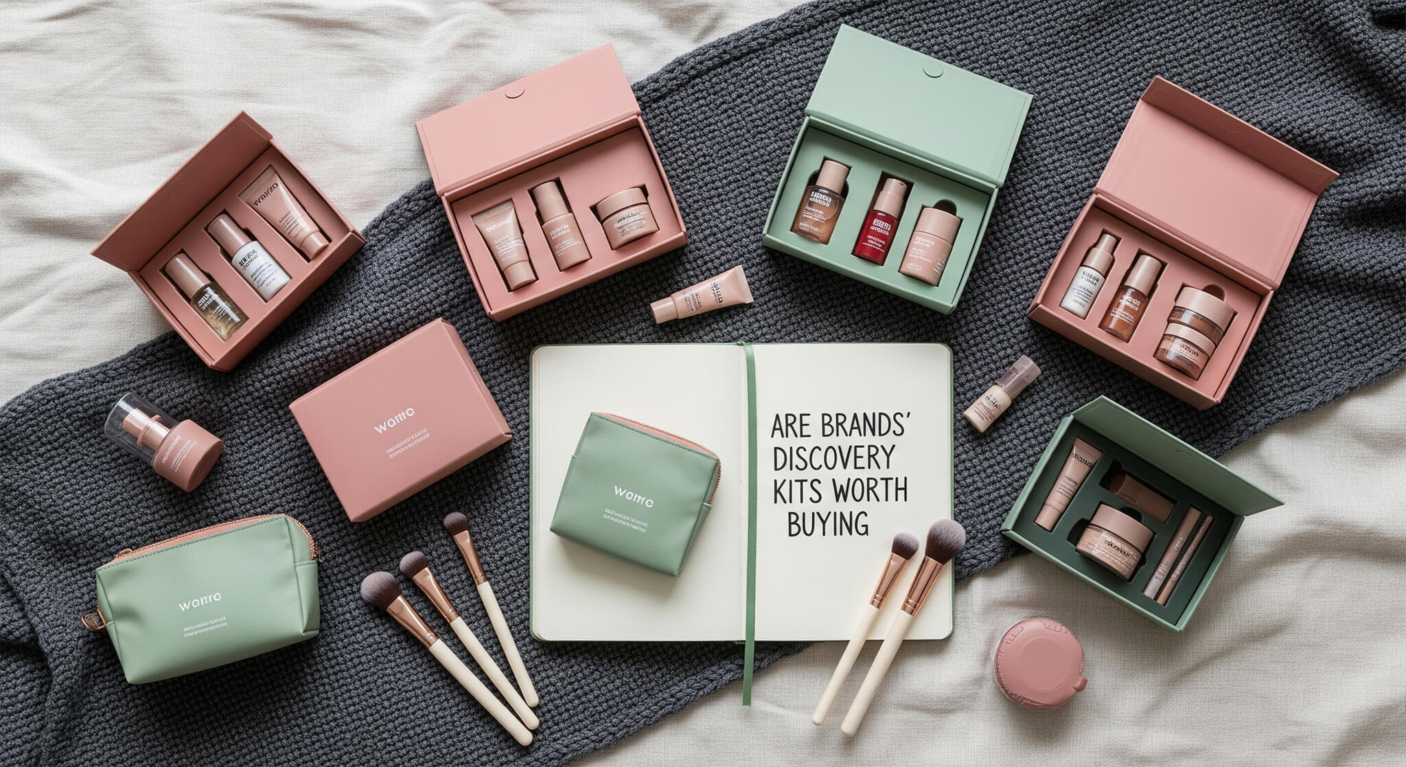 A flat lay photograph of various beauty discovery kits. The kits are in dusty rose and sage green boxes and pouches, arranged on a cream and charcoal textured fabric. In the middle, an open notebook reads, "ARE BRANDS' DISCOVERY KITS WORTH BUYING," surrounded by small makeup brushes and miniature beauty products.