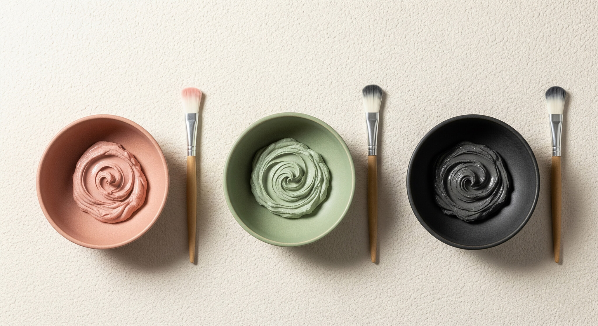 image of three clay masks in a horizontal row on a cream-colored textured surface. From left to right: a dusty rose clay mask in a matching bowl with a brush, a sage green clay mask in a matching bowl with a brush, and a charcoal clay mask in a black bowl with a brush. Each mask has a visible swirl, indicating its creamy texture.