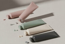 A photorealistic image from a high angle, displaying four tubes of hand cream in dusty rose, sage green, cream, and charcoal, ranked in a diagonal line. A small amount of matching cream is squeezed out next to each tube on the textured, neutral-colored background, all under soft, natural lighting.
