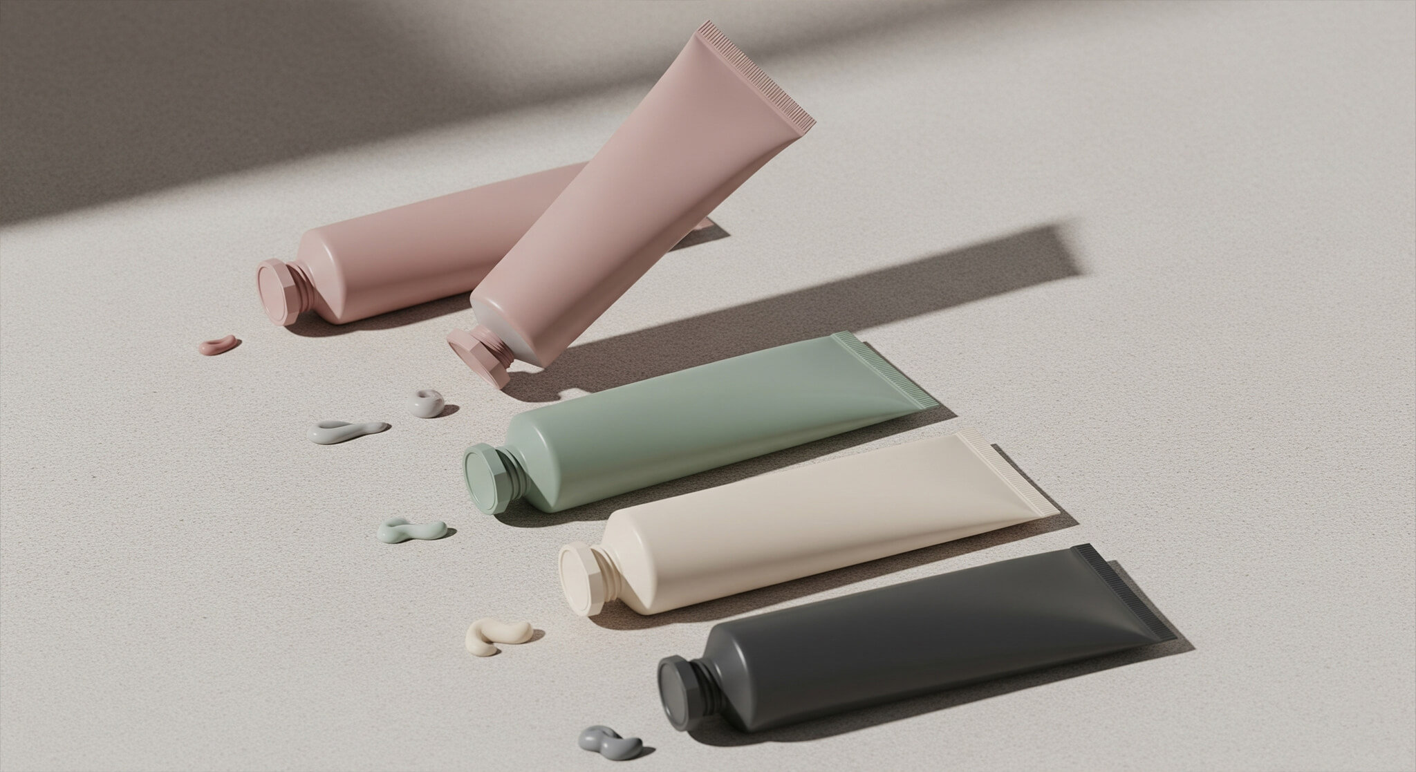 A photorealistic image from a high angle, displaying four tubes of hand cream in dusty rose, sage green, cream, and charcoal, ranked in a diagonal line. A small amount of matching cream is squeezed out next to each tube on the textured, neutral-colored background, all under soft, natural lighting.