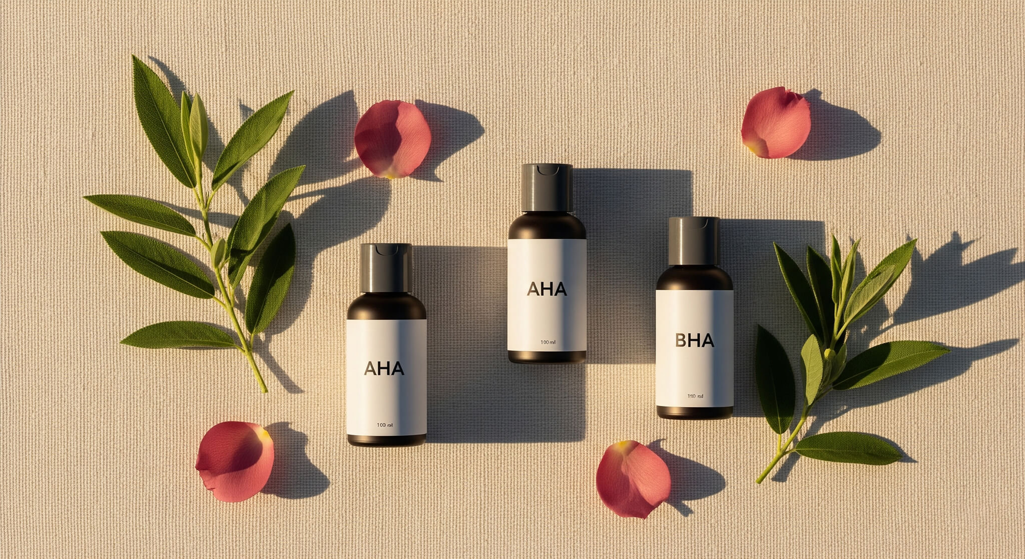 Alt Text: A serene flat lay of minimalist skincare bottles representing the best chemical exfoliants, AHA and BHA, for a hormonal skincare routine tailored to different menstrual cycle phases.