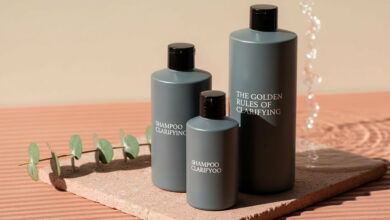 An image for a guide on scalp health, featuring the best clarifying shampoos. It shows three minimalist bottles with the text "The Golden Rules of Clarifying" to illustrate how to remove product buildup and fix limp, dull hair.