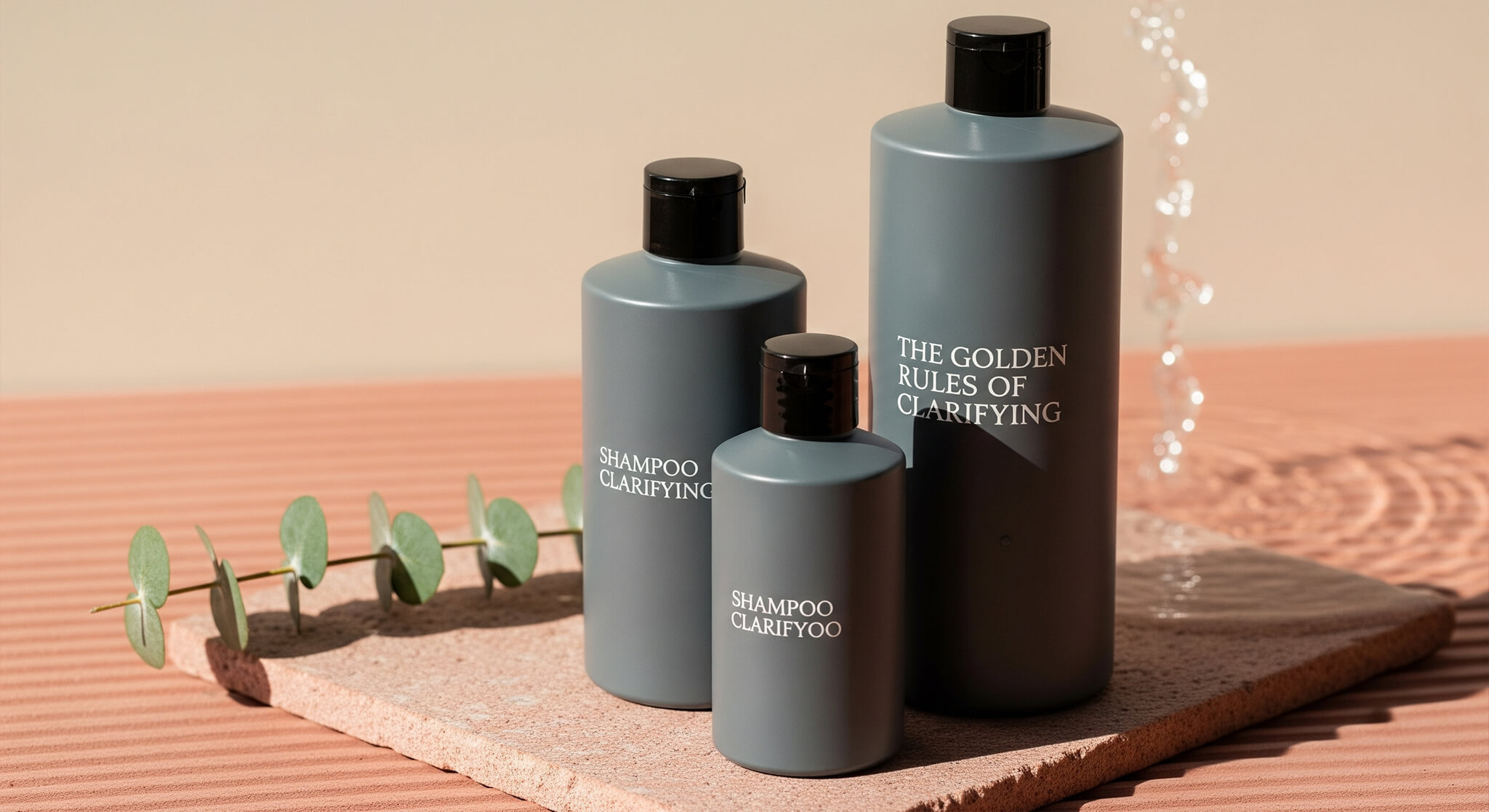 An image for a guide on scalp health, featuring the best clarifying shampoos. It shows three minimalist bottles with the text "The Golden Rules of Clarifying" to illustrate how to remove product buildup and fix limp, dull hair.