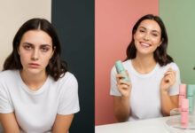 Split image showcasing facial mist effects. Left: tired woman against cream/charcoal. Right: refreshed, smiling woman holding mist (dusty rose/sage green background) with other products, highlighting makeup revival.
