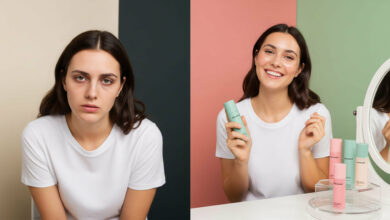 Split image showcasing facial mist effects. Left: tired woman against cream/charcoal. Right: refreshed, smiling woman holding mist (dusty rose/sage green background) with other products, highlighting makeup revival.