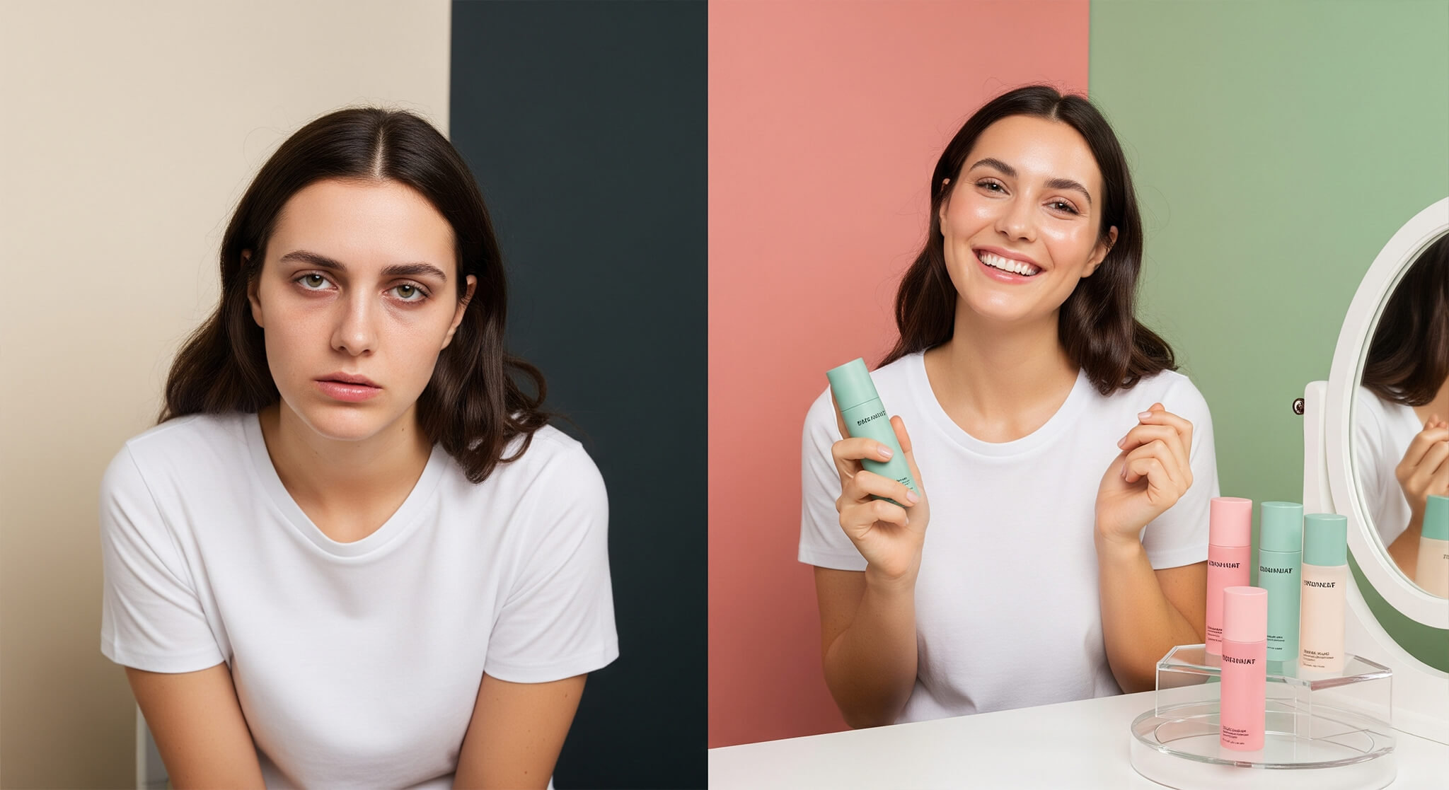 Split image showcasing facial mist effects. Left: tired woman against cream/charcoal. Right: refreshed, smiling woman holding mist (dusty rose/sage green background) with other products, highlighting makeup revival.