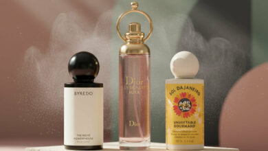 A photorealistic image showcasing three popular hair mists, each standing on individual cream-colored stone pedestals against an abstract background of dusty rose and sage green geometric shapes. From left to right: a bottle of Byredo Hair Perfume, a pink bottle of Dior J'adore Hair Mist with a golden ring top, and a yellow bottle of Sol de Janeiro Cheirosa '62 Hair & Body Mist. A fine mist emanates around the bottles, conveying the idea of fragrance.