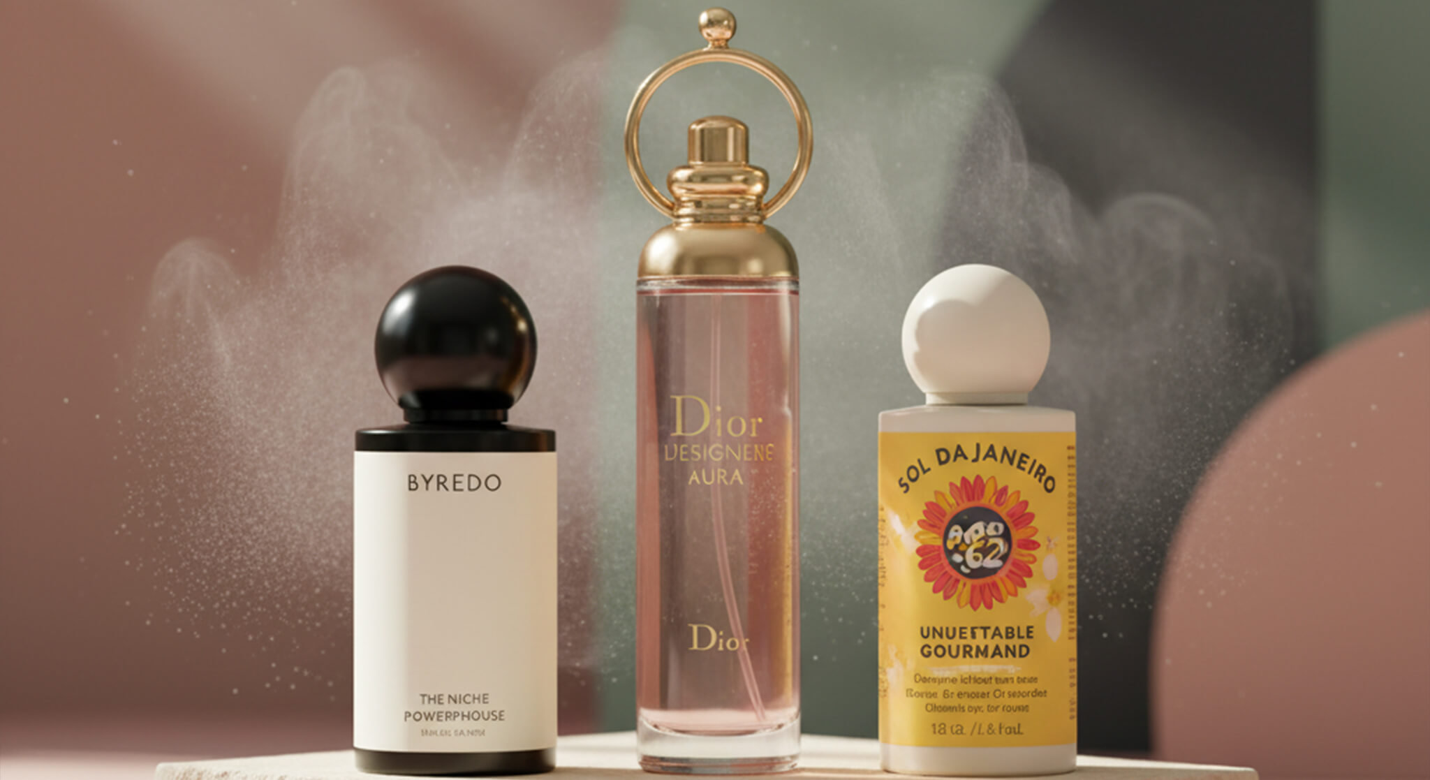 A photorealistic image showcasing three popular hair mists, each standing on individual cream-colored stone pedestals against an abstract background of dusty rose and sage green geometric shapes. From left to right: a bottle of Byredo Hair Perfume, a pink bottle of Dior J'adore Hair Mist with a golden ring top, and a yellow bottle of Sol de Janeiro Cheirosa '62 Hair & Body Mist. A fine mist emanates around the bottles, conveying the idea of fragrance.