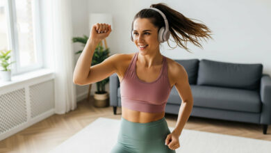 An energetic woman listens to her 'best music' on headphones during a 'high-energy 15-minute workout' at home. Wearing a Dusty Rose top and Sage Green leggings, she is captured mid-dance move, embodying the spirit of 'the ultimate 15-minute daily home workout'.