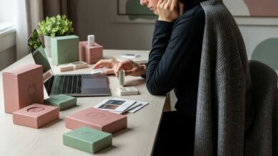 A photorealistic image shows a person sitting at a desk, deeply focused on a laptop, with one hand resting on their chin and the other gesturing towards a small product sample. The desk is adorned with various dusty rose and sage green packaging boxes, miniature samples, and a few small plants, all contributing to a calm and organized atmosphere. A charcoal-colored sweater is draped over the chair, and the room's decor features abstract art in the same color palette.