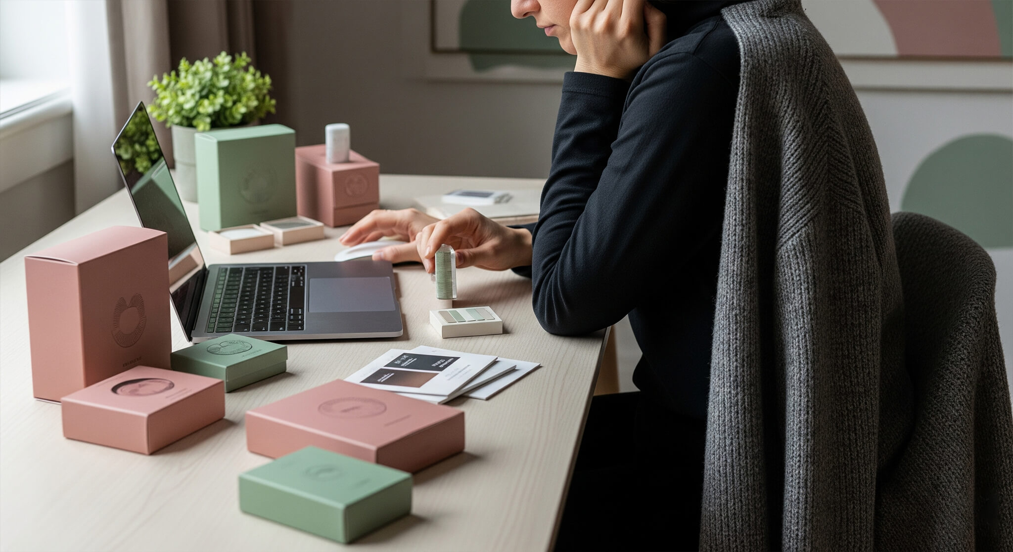 A photorealistic image shows a person sitting at a desk, deeply focused on a laptop, with one hand resting on their chin and the other gesturing towards a small product sample. The desk is adorned with various dusty rose and sage green packaging boxes, miniature samples, and a few small plants, all contributing to a calm and organized atmosphere. A charcoal-colored sweater is draped over the chair, and the room's decor features abstract art in the same color palette.