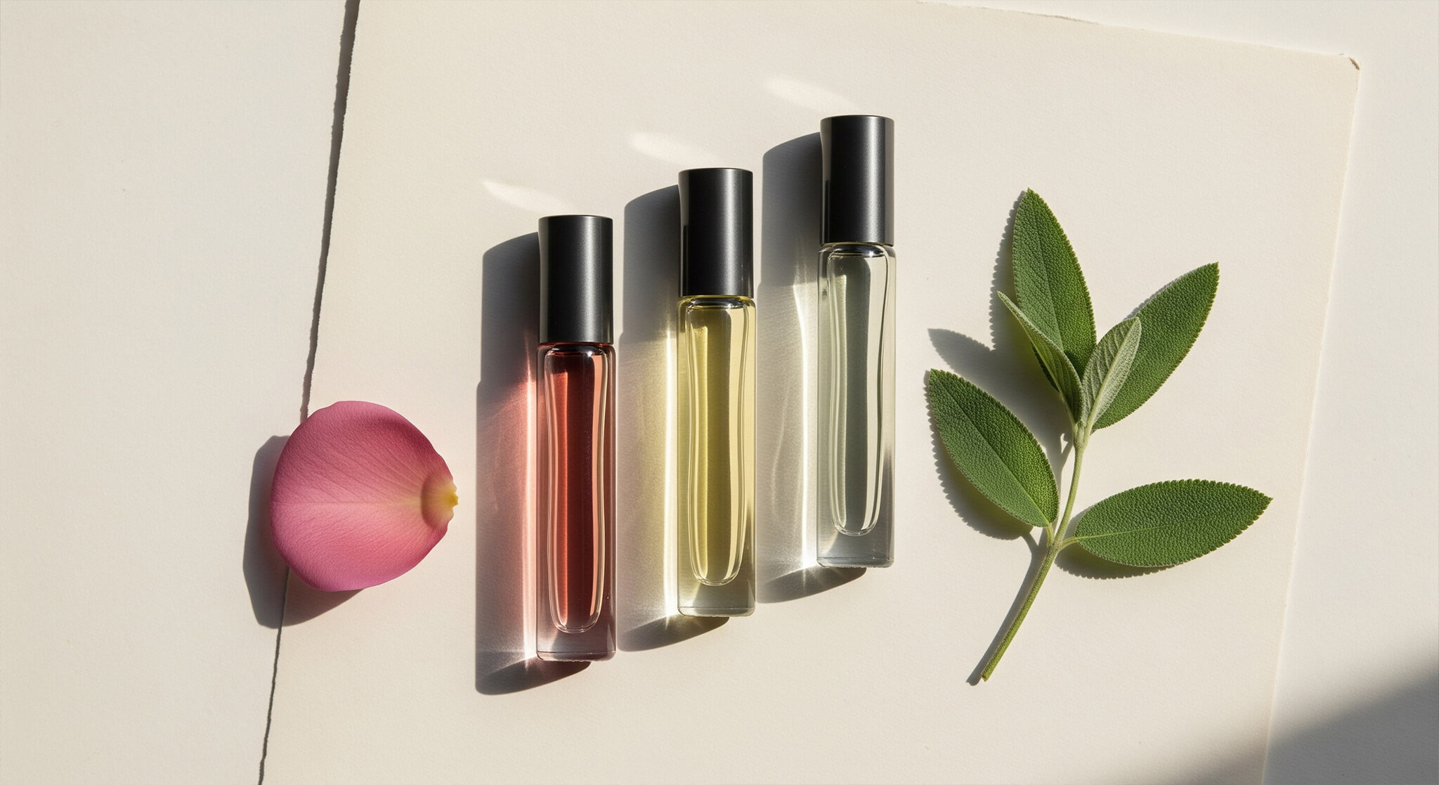 Alt Text: A ranking of the best rollerball perfumes arranged in a clean flat lay, illustrating how to test a scent before buying a full bottle, from an expert guide on choosing perfume.
