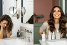 image showing the effects of different sea salt sprays. On the left, a woman with dry, frizzy hair looks frustrated in a bathroom with cream and charcoal decor. On the right, the same woman has soft, voluminous beachy waves and a confident smile in a bathroom with dusty rose and sage green accents. In front of her are three different unbranded sea salt spray bottles.