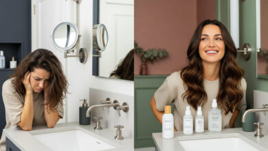image showing the effects of different sea salt sprays. On the left, a woman with dry, frizzy hair looks frustrated in a bathroom with cream and charcoal decor. On the right, the same woman has soft, voluminous beachy waves and a confident smile in a bathroom with dusty rose and sage green accents. In front of her are three different unbranded sea salt spray bottles.