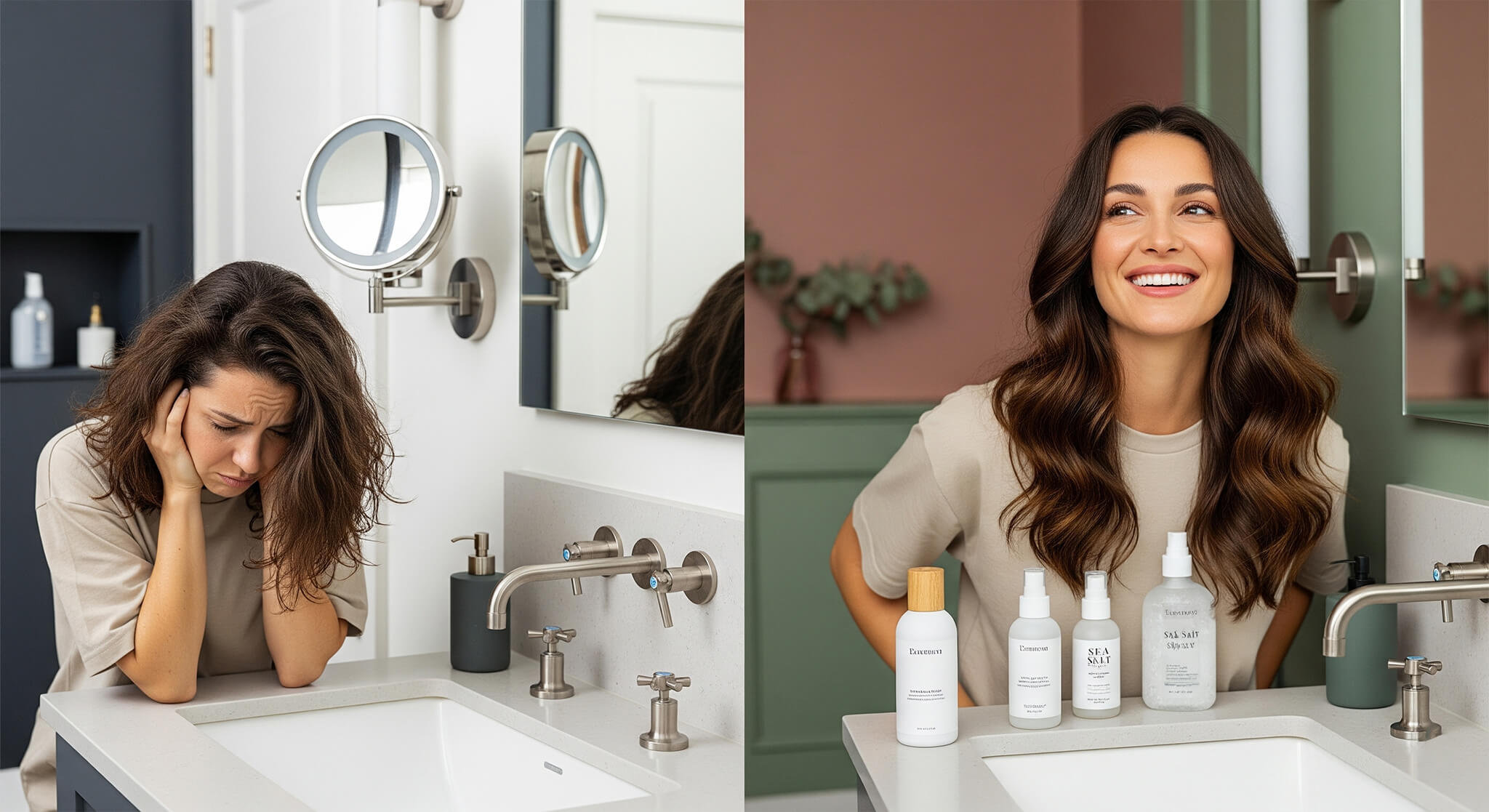 image showing the effects of different sea salt sprays. On the left, a woman with dry, frizzy hair looks frustrated in a bathroom with cream and charcoal decor. On the right, the same woman has soft, voluminous beachy waves and a confident smile in a bathroom with dusty rose and sage green accents. In front of her are three different unbranded sea salt spray bottles.