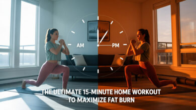 A split-image comparing the 'best time of day for a 15-minute workout to maximize fat burn.' The left side shows a woman working out in the bright morning light (AM), and the right side shows the same workout in the evening (PM), with a clock in the center questioning the optimal time. This visual is part of 'the ultimate 15-minute daily home workout' guide.