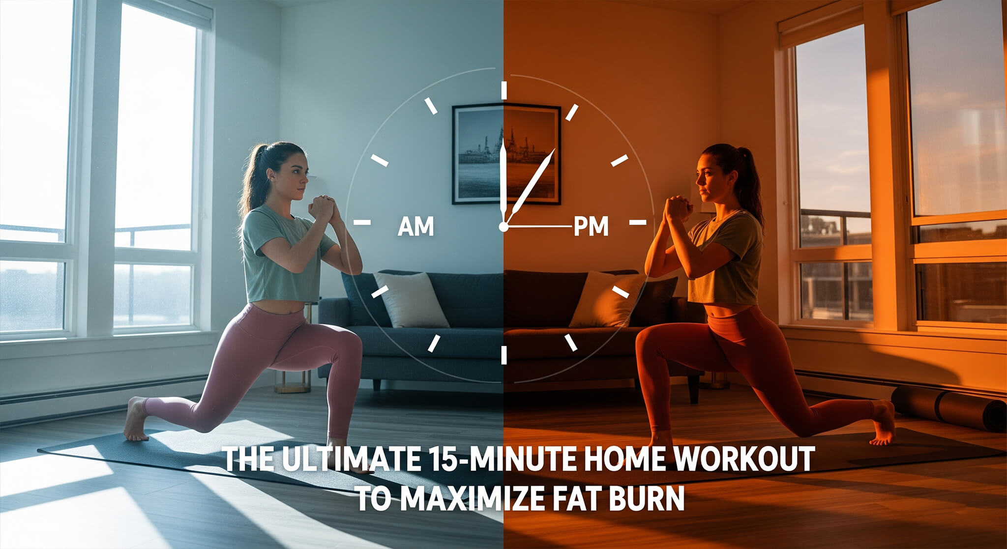 A split-image comparing the 'best time of day for a 15-minute workout to maximize fat burn.' The left side shows a woman working out in the bright morning light (AM), and the right side shows the same workout in the evening (PM), with a clock in the center questioning the optimal time. This visual is part of 'the ultimate 15-minute daily home workout' guide.