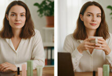 A split image of a woman in a home office setting. On the left, she is seated at her desk with a laptop and Sylvaia beauty products, looking ready for a meeting. The right side shows her confidently engaging in an online video conference, holding a mug, illustrating her transition to a polished and professional 'camera-ready' appearance for virtual interactions.