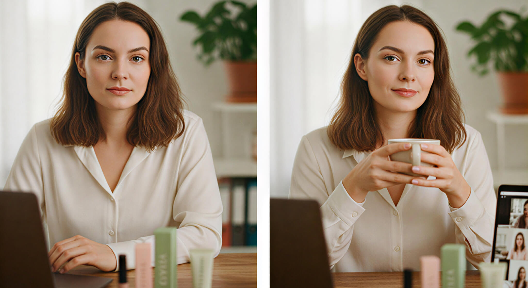 A split image of a woman in a home office setting. On the left, she is seated at her desk with a laptop and Sylvaia beauty products, looking ready for a meeting. The right side shows her confidently engaging in an online video conference, holding a mug, illustrating her transition to a polished and professional 'camera-ready' appearance for virtual interactions.