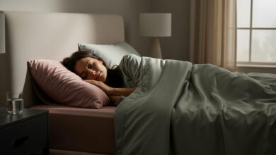 A scientific guide on how to get better sleep for your health and beauty, featuring a serene image of a woman sleeping peacefully in a calm bedroom with sage green and dusty rose bedding.