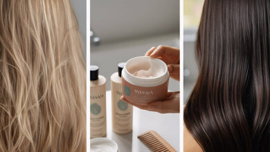 A split-view image illustrating a complete hair transformation journey. On one side, a woman's hair appears damaged and burnt. On the other side, the same hair is silky, shiny, and healthy. Her hand gently touches the restored hair, with elegant hair care products for preventing color fading placed nearby, symbolizing the path from damage to recovery.