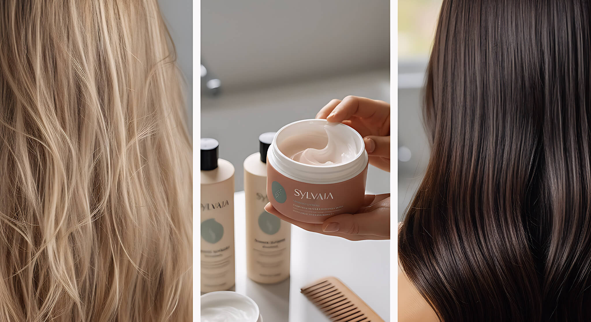 A split-view image illustrating a complete hair transformation journey. On one side, a woman's hair appears damaged and burnt. On the other side, the same hair is silky, shiny, and healthy. Her hand gently touches the restored hair, with elegant hair care products for preventing color fading placed nearby, symbolizing the path from damage to recovery.