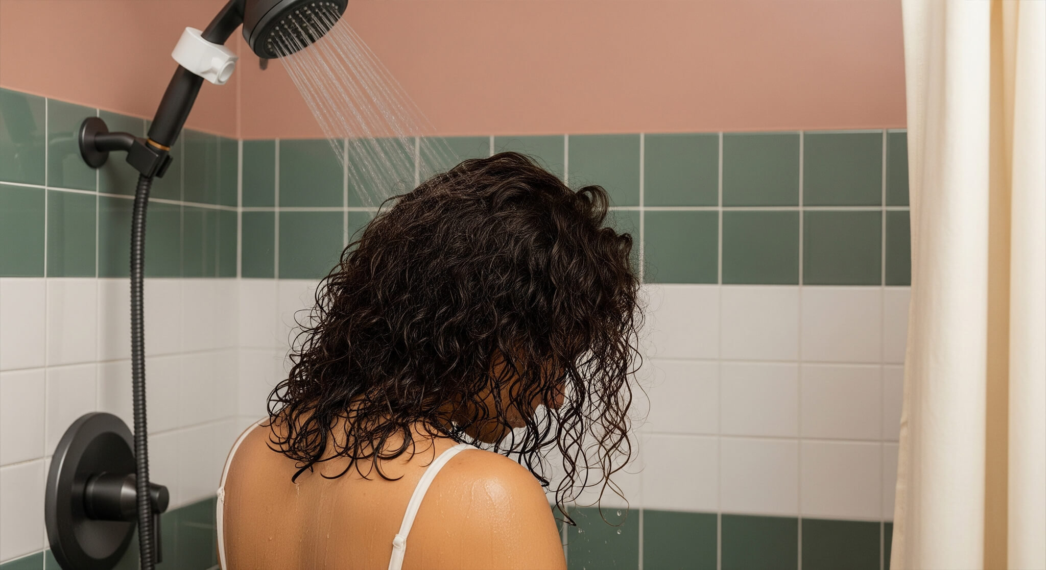 A photorealistic image of a person with wet, curly hair viewed from behind in a shower. Their head is slightly bowed as water from a filtered, charcoal-colored showerhead sprays onto their hair. The bathroom features sage green and white tiles, a dusty rose wall, and a cream shower curtain, creating a stylish backdrop for the scene of hair care frustration.