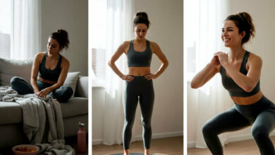 A three-panel image showcasing a woman's journey from procrastination to active exercise in a bright living room. The left panel shows her looking unmotivated on a couch with snacks. The middle panel shows her standing on a yoga mat, ready to start. The right panel captures her with a confident smile, performing a squat during a short, effective workout, highlighting the debunking of the "all-or-nothing" exercise myth.