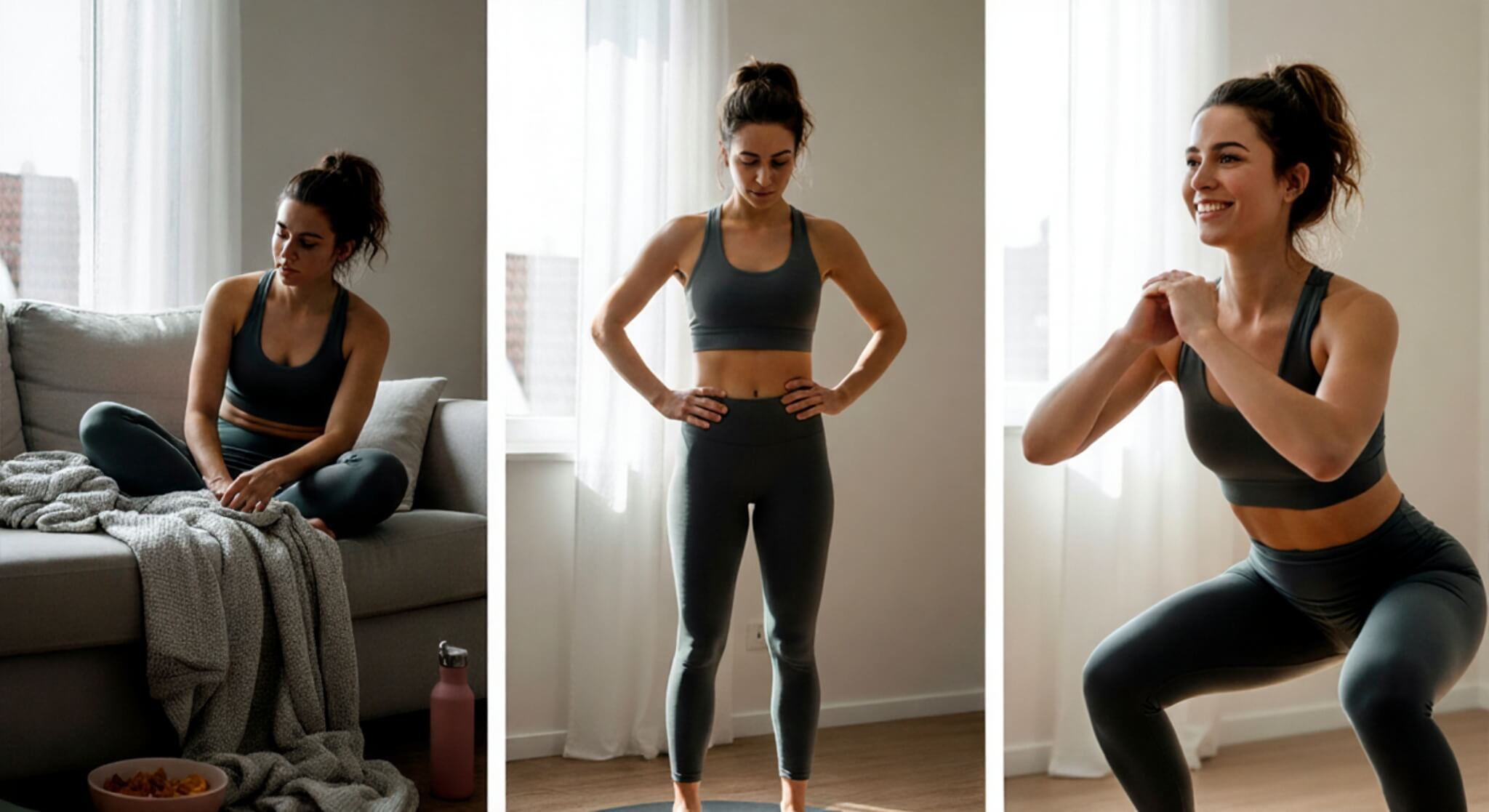 A three-panel image showcasing a woman's journey from procrastination to active exercise in a bright living room. The left panel shows her looking unmotivated on a couch with snacks. The middle panel shows her standing on a yoga mat, ready to start. The right panel captures her with a confident smile, performing a squat during a short, effective workout, highlighting the debunking of the "all-or-nothing" exercise myth.