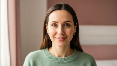 A hopeful portrait of a woman in her mid-30s, representing 'Emma's Story: Curing Her Acne at 35.' Her radiant, confident smile and clear skin are an inspiring part of the 'guide to adult acne' for those wondering 'why are you still breaking out?