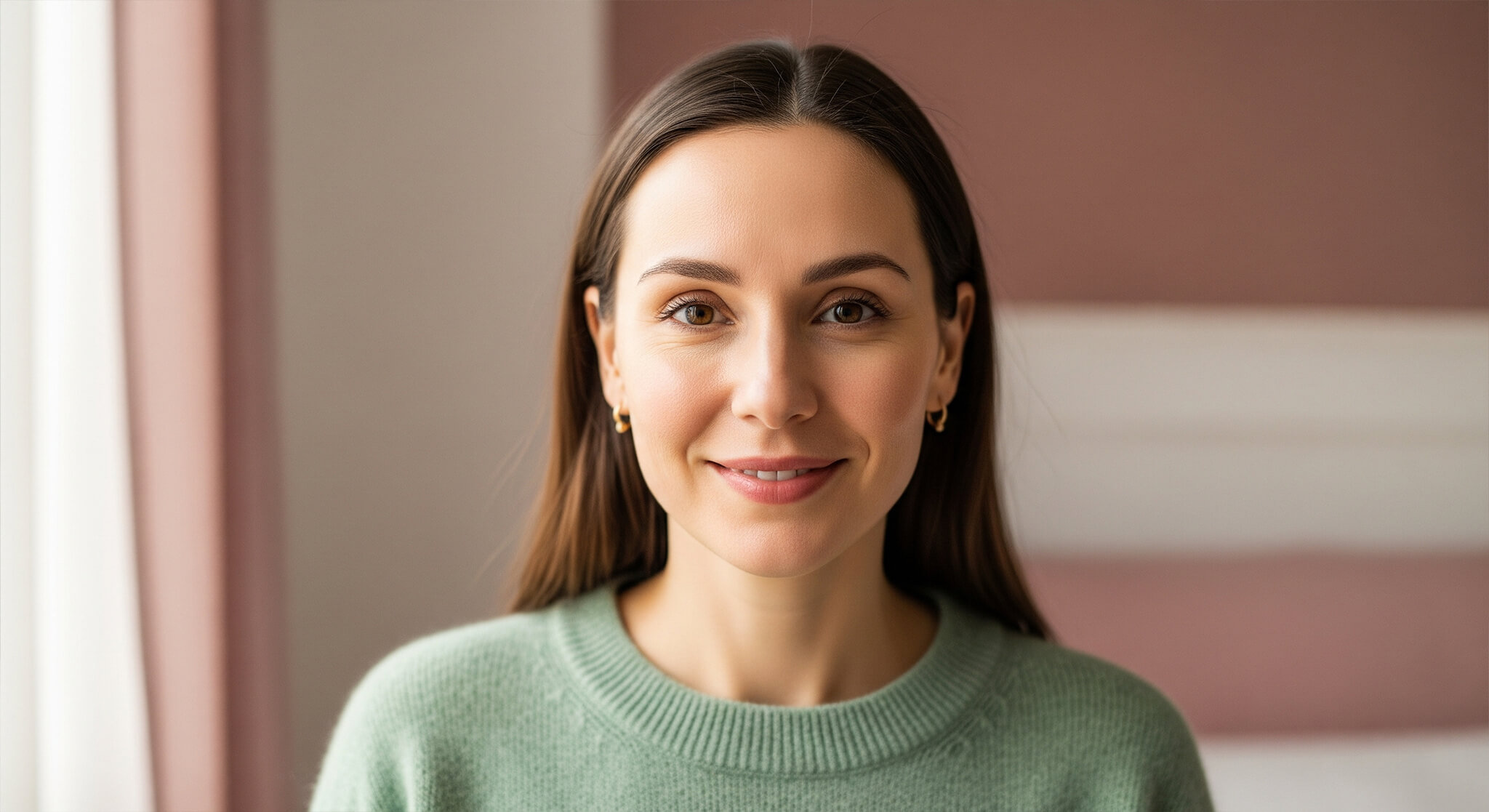 A hopeful portrait of a woman in her mid-30s, representing 'Emma's Story: Curing Her Acne at 35.' Her radiant, confident smile and clear skin are an inspiring part of the 'guide to adult acne' for those wondering 'why are you still breaking out?