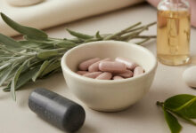A sophisticated, clean-styled image featuring DIM supplement capsules in a small ceramic bowl, illustrating a natural approach to treating hormonal acne. The scene includes a glass dropper bottle with golden oil, fresh sage leaves, and a charcoal stone pestle, all arranged on a neutral surface with soft, elegant fabrics in dusty rose and cream in the background.