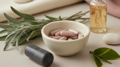 A sophisticated, clean-styled image featuring DIM supplement capsules in a small ceramic bowl, illustrating a natural approach to treating hormonal acne. The scene includes a glass dropper bottle with golden oil, fresh sage leaves, and a charcoal stone pestle, all arranged on a neutral surface with soft, elegant fabrics in dusty rose and cream in the background.