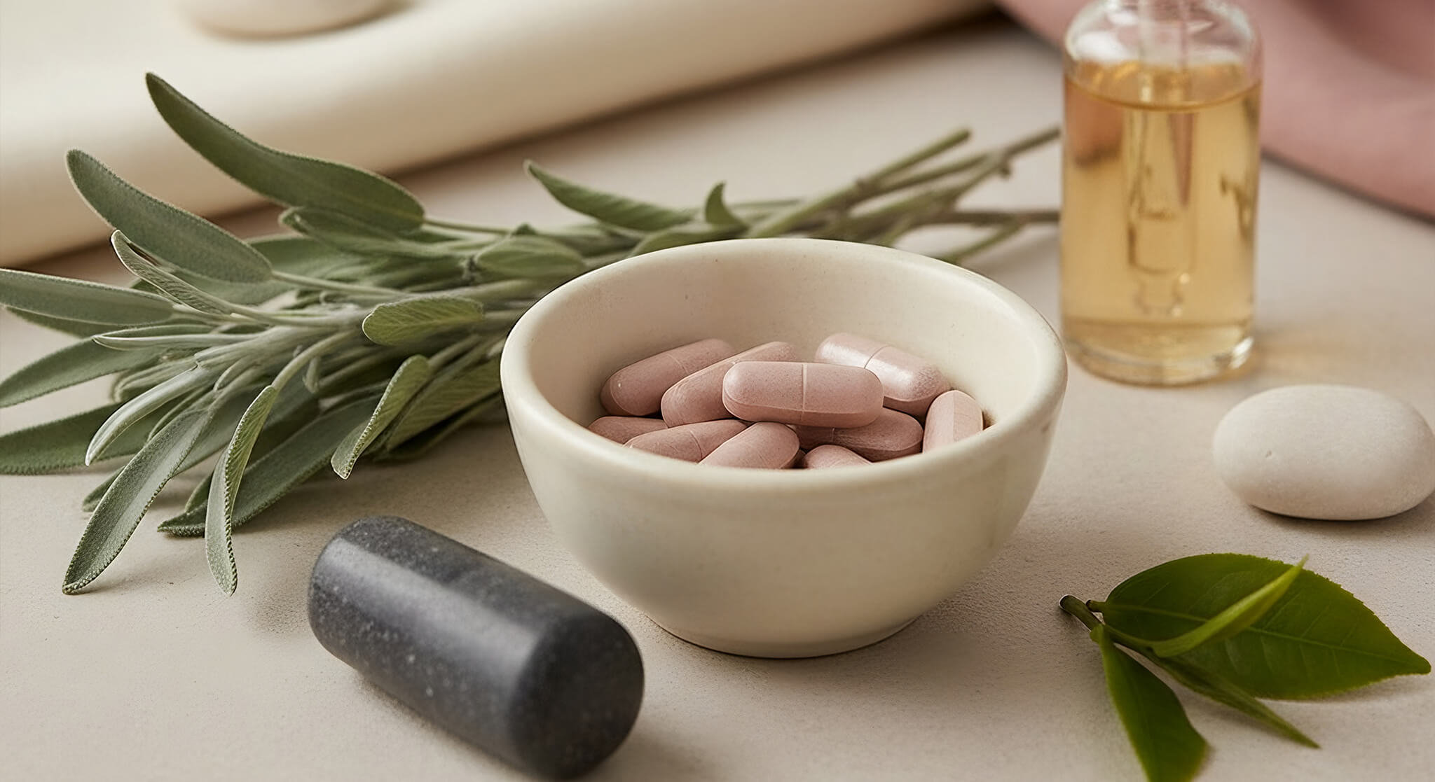 A sophisticated, clean-styled image featuring DIM supplement capsules in a small ceramic bowl, illustrating a natural approach to treating hormonal acne. The scene includes a glass dropper bottle with golden oil, fresh sage leaves, and a charcoal stone pestle, all arranged on a neutral surface with soft, elegant fabrics in dusty rose and cream in the background.