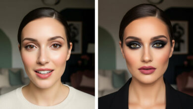 The ultimate day-to-night makeup transformation guide, shown as a side-by-side comparison of a woman with a fresh, natural daytime look on the left and a glamorous, smokey-eyed evening look on the right.