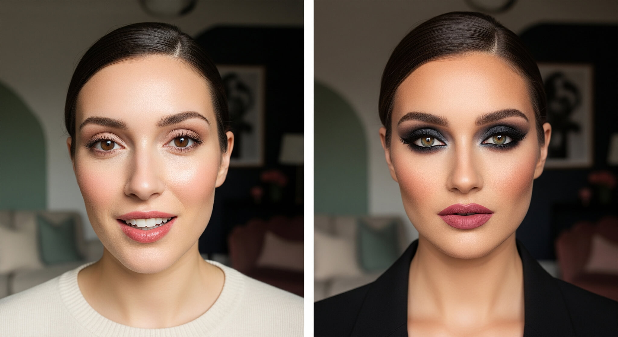 The ultimate day-to-night makeup transformation guide, shown as a side-by-side comparison of a woman with a fresh, natural daytime look on the left and a glamorous, smokey-eyed evening look on the right.
