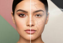 A close-up of a woman's face, split down the middle to demonstrate the effect of a hydrating setting spray. The left side of her face features smooth, flawless makeup, while the right side shows dry, cracked, and cakey makeup. A hand holds a black bottle on the right, spraying a fine mist onto the cracked makeup to rehydrate it. The background is made of color blocks of dusty rose, sage green, cream, and charcoal.